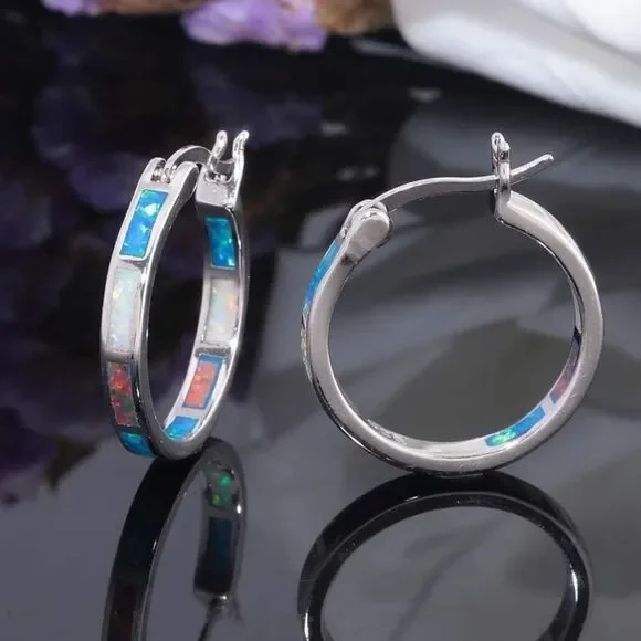 14K White Gold with Genuine Red White and Blue Fire Opal Round Hoop Earrings - Picture 3 of 4